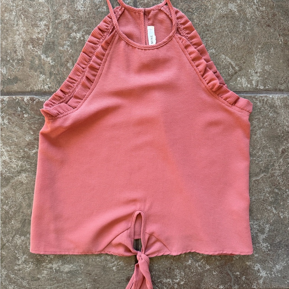 mine Coral Pink Tie-Front Ruffle-Trim Tank Top